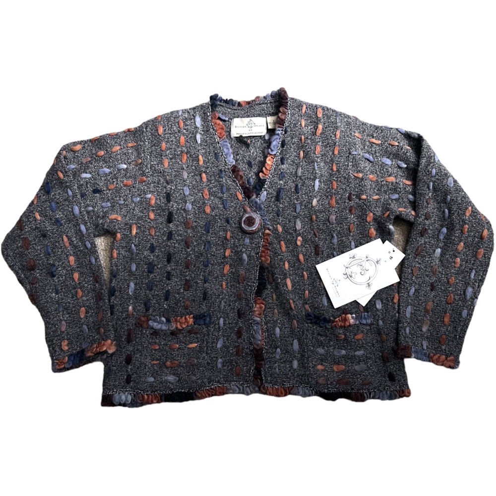 Design Options 100% Wool Cardigan Sweater Stitch Design Gray Brown Camel Small